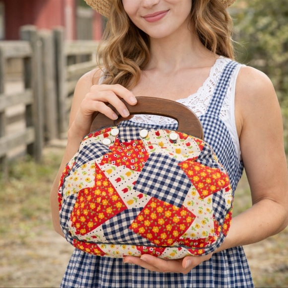 Vintage Handbags - Vintage Patchwork Bermuda Bag with Wooden Handle